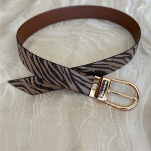 Reversible Michael Kors Solid Brown Leather & Zebra Print Belt w/Gold Buckle
